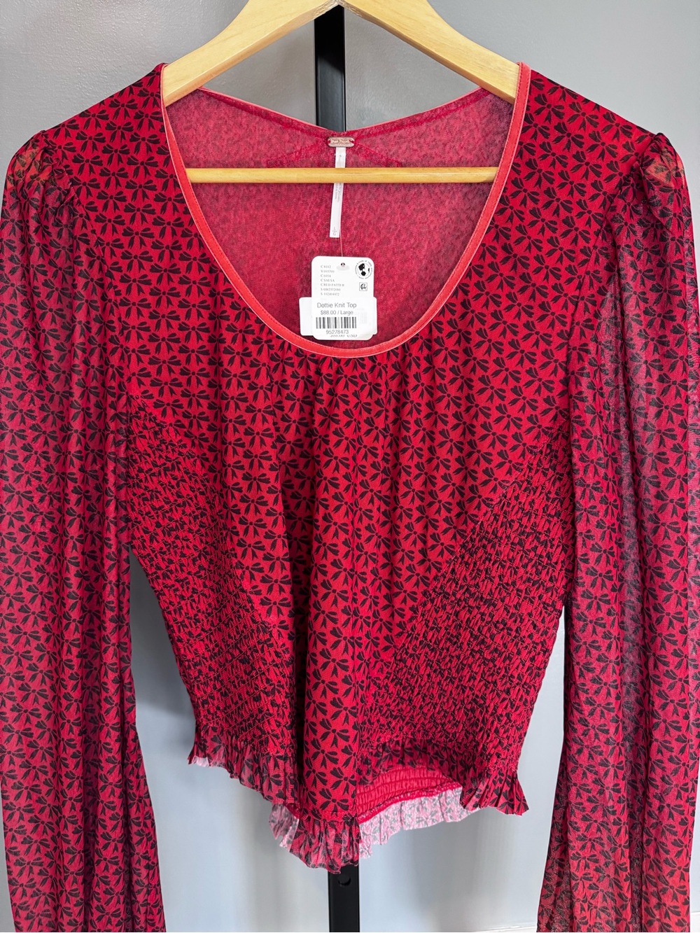 Free People Dottie Knit Top Salsa Red Floral Smocked Blouse Large NWT